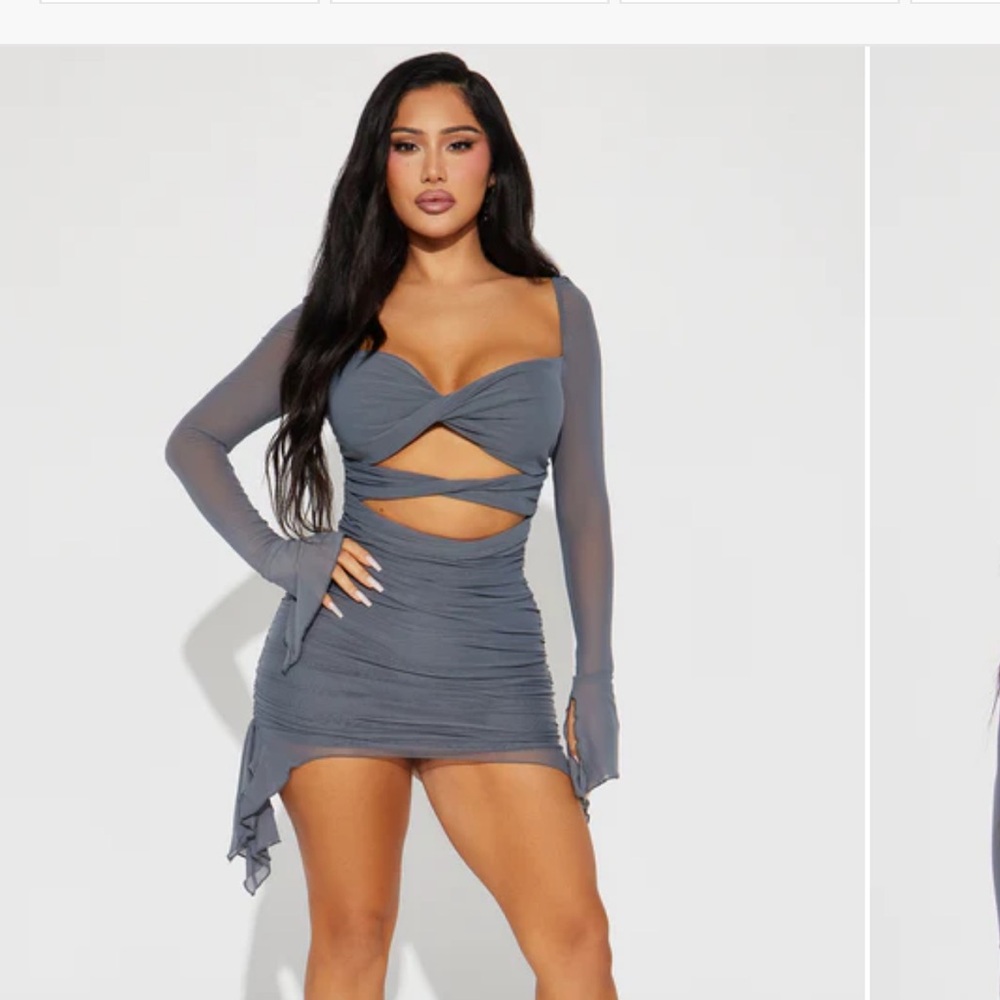 Fashion Nova Long Sleeve Ruffle Mesh Cut-Out Dress